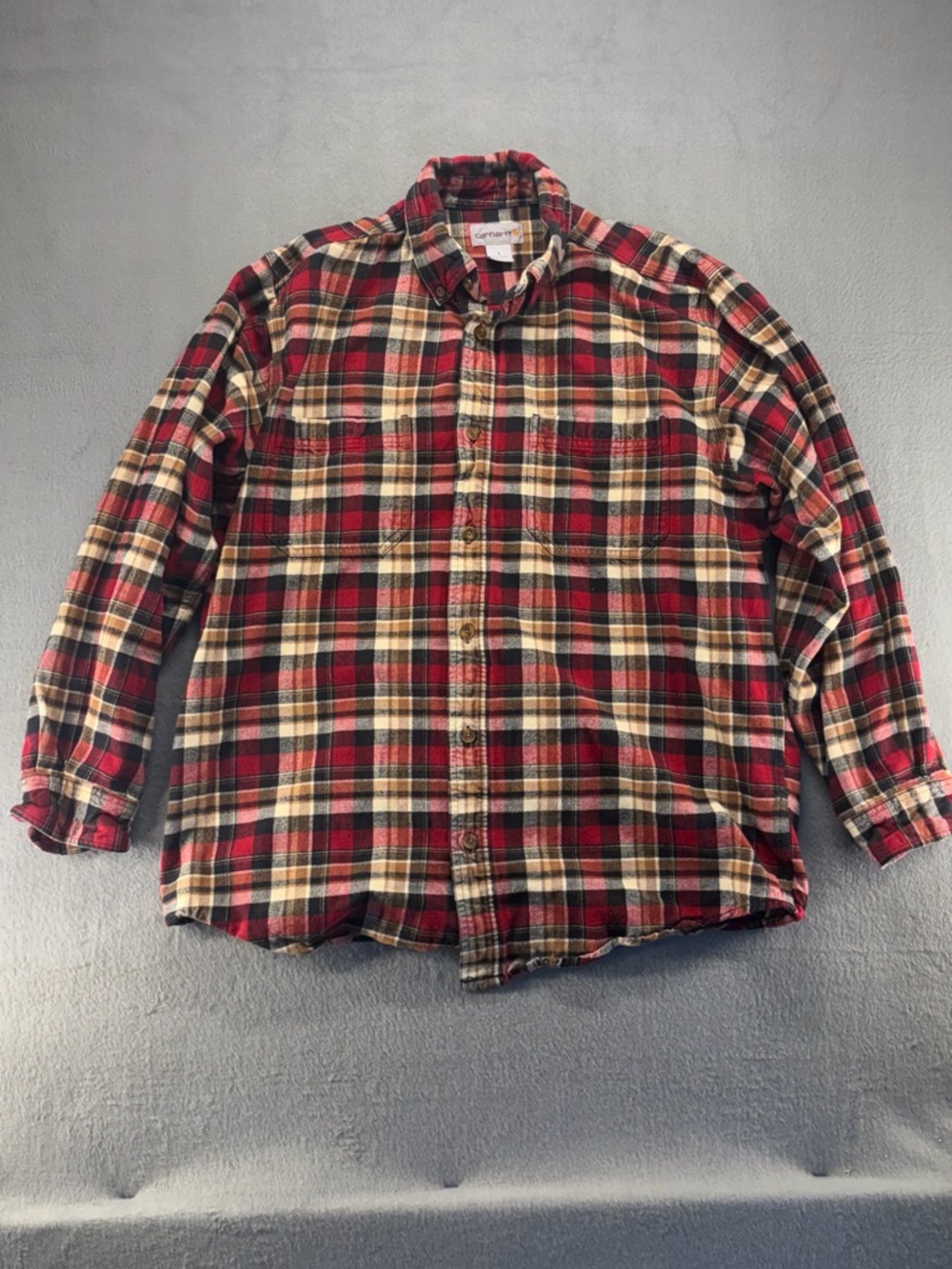 Carhartt Red, Tan and Black Plaid Button-Up Flannel Shirt